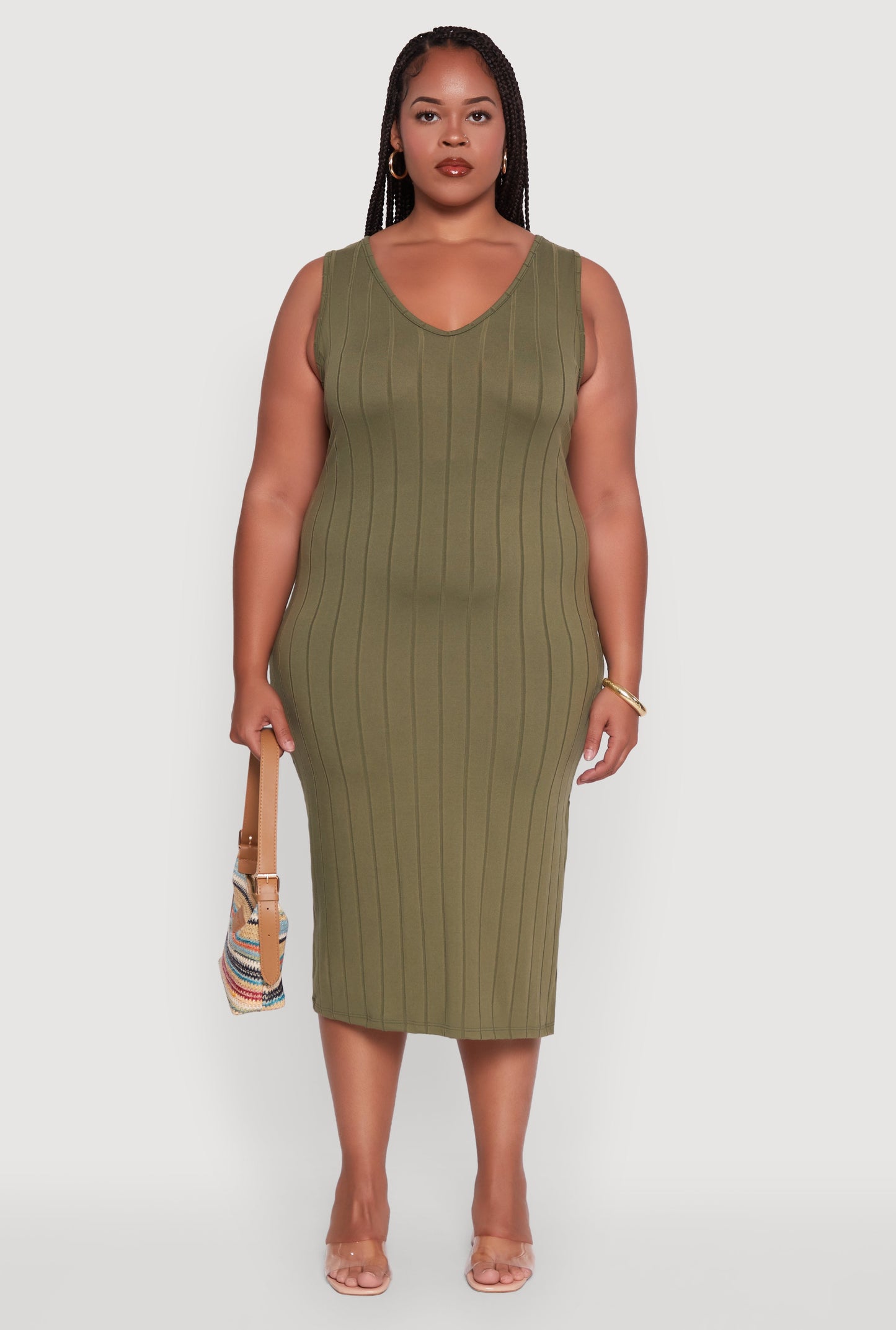 Plus Size Ribbed Knit Scoop Neck Sleeveless Midi Dress
