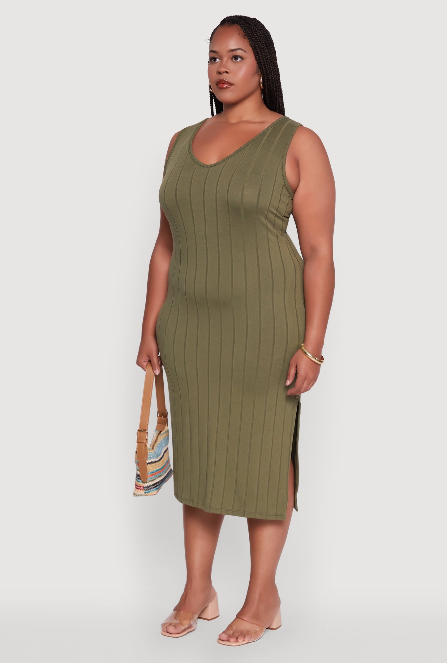 Plus Size Ribbed Knit Scoop Neck Sleeveless Midi Dress