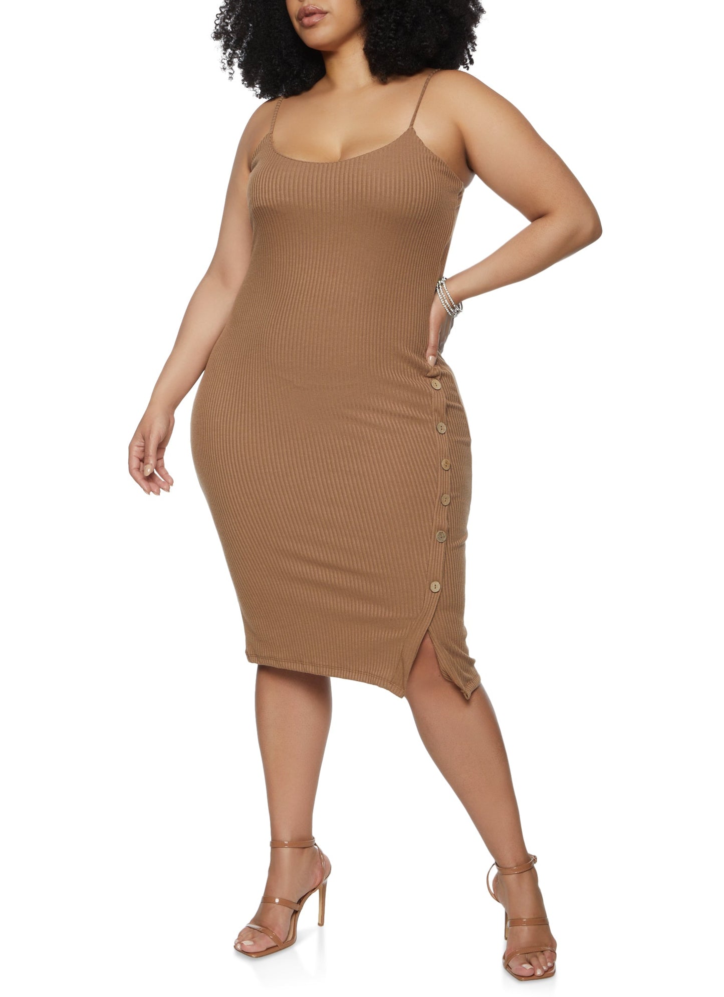 Plus Size Rib Knit Button Detail Cami Dress