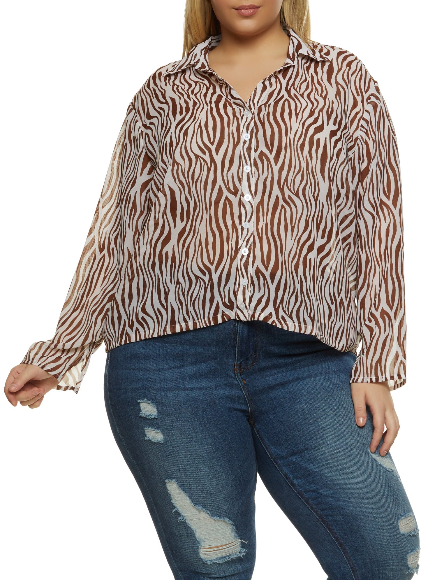 Plus Size Zebra Print Button Front Top