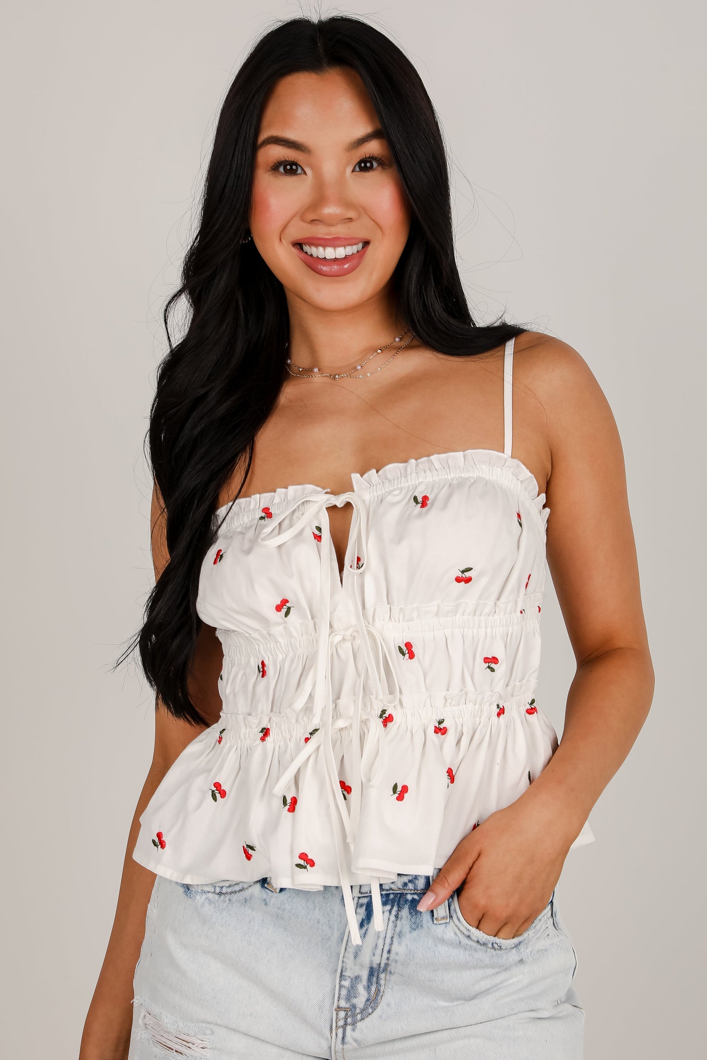 FINAL SALE - Cherry Sweet White Ruffle Tank
