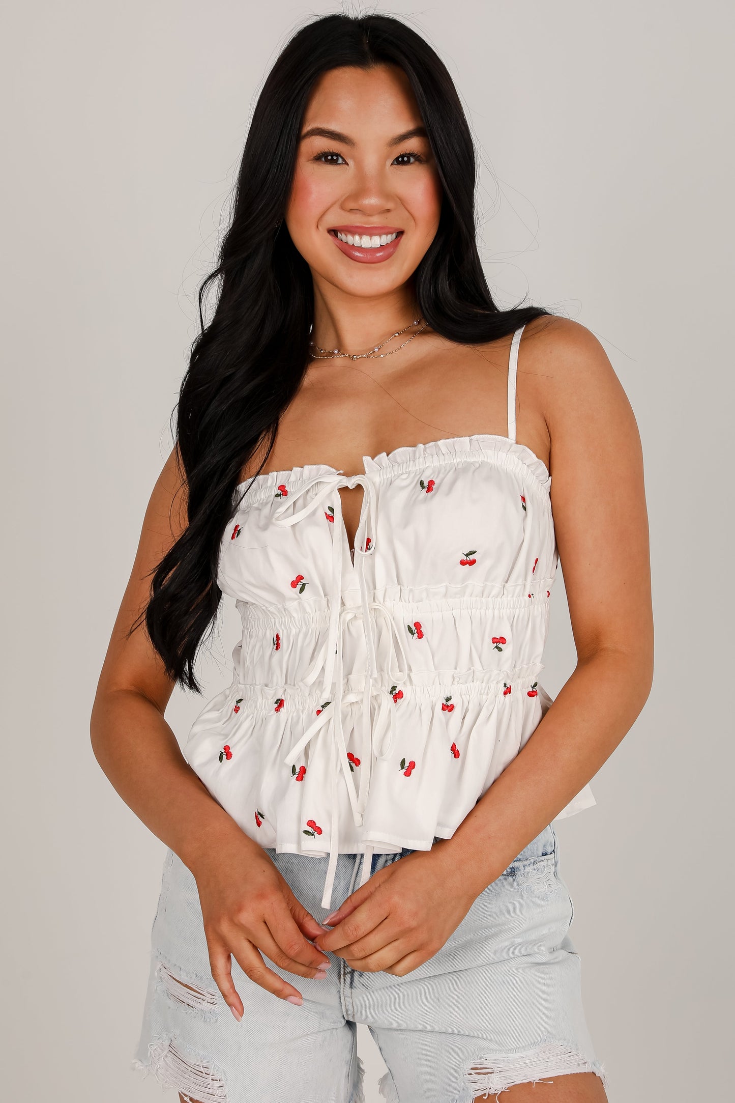 FINAL SALE - Cherry Sweet White Ruffle Tank