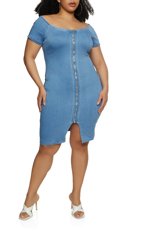 Plus Size Zipper Detail Off the Shoulder Denim Dress