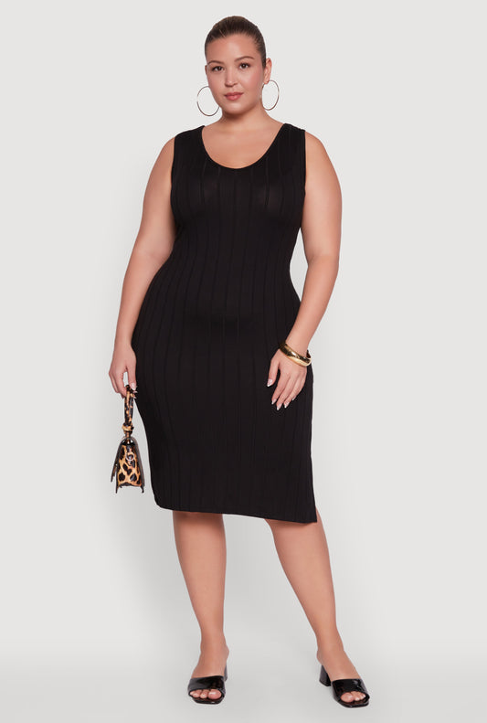 Plus Size Ribbed Knit Scoop Neck Sleeveless Midi Dress