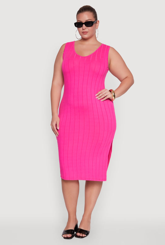 Plus Size Ribbed Knit Scoop Neck Sleeveless Midi Dress