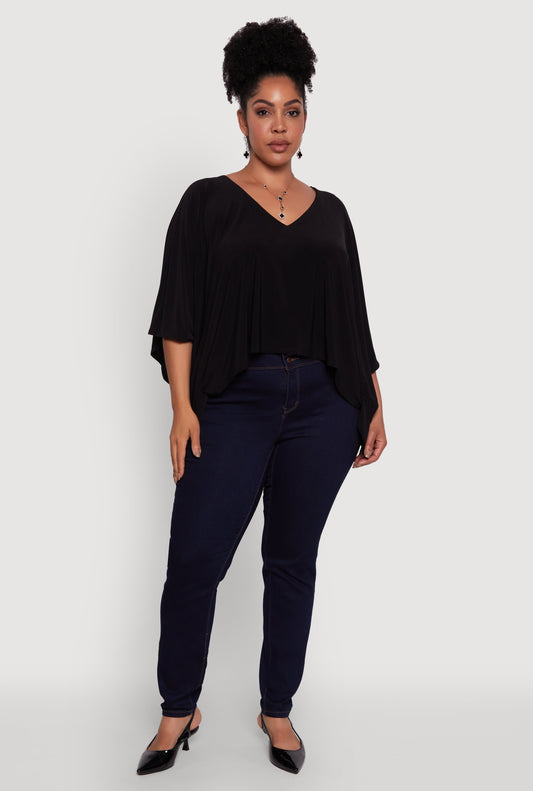 Plus Size Crepe Knit V Neck Crop Blouse