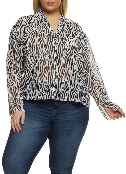 Plus Size Zebra Print Button Front Top