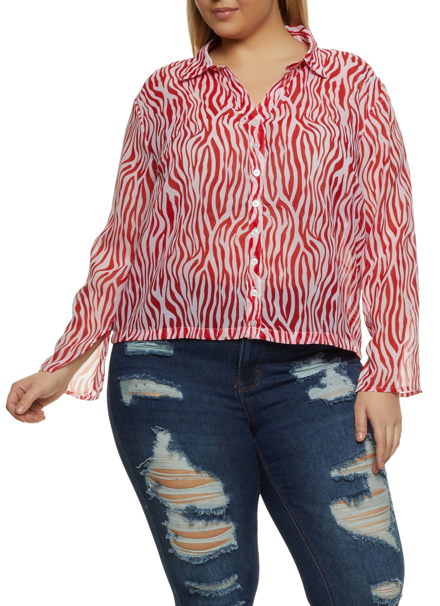 Plus Size Zebra Print Button Front Top