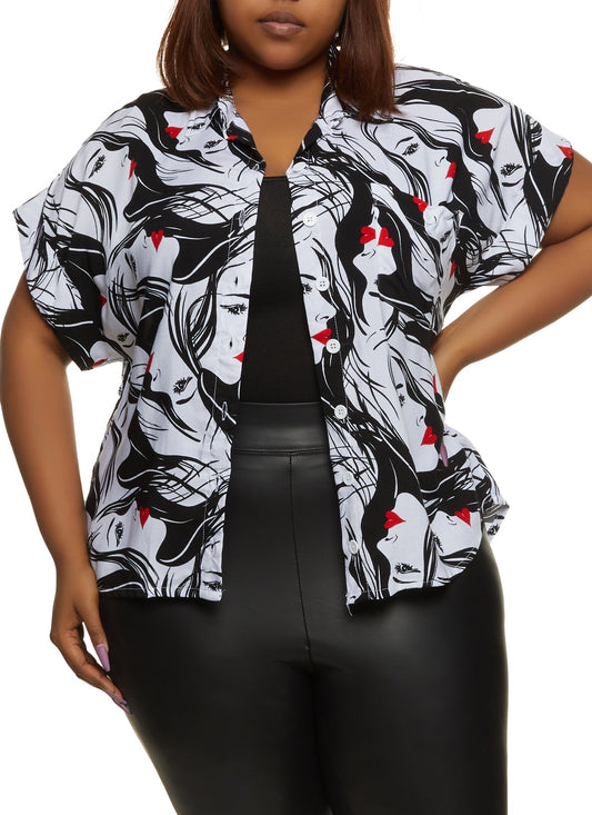 Plus Size Face Print Short Sleeve Shirt