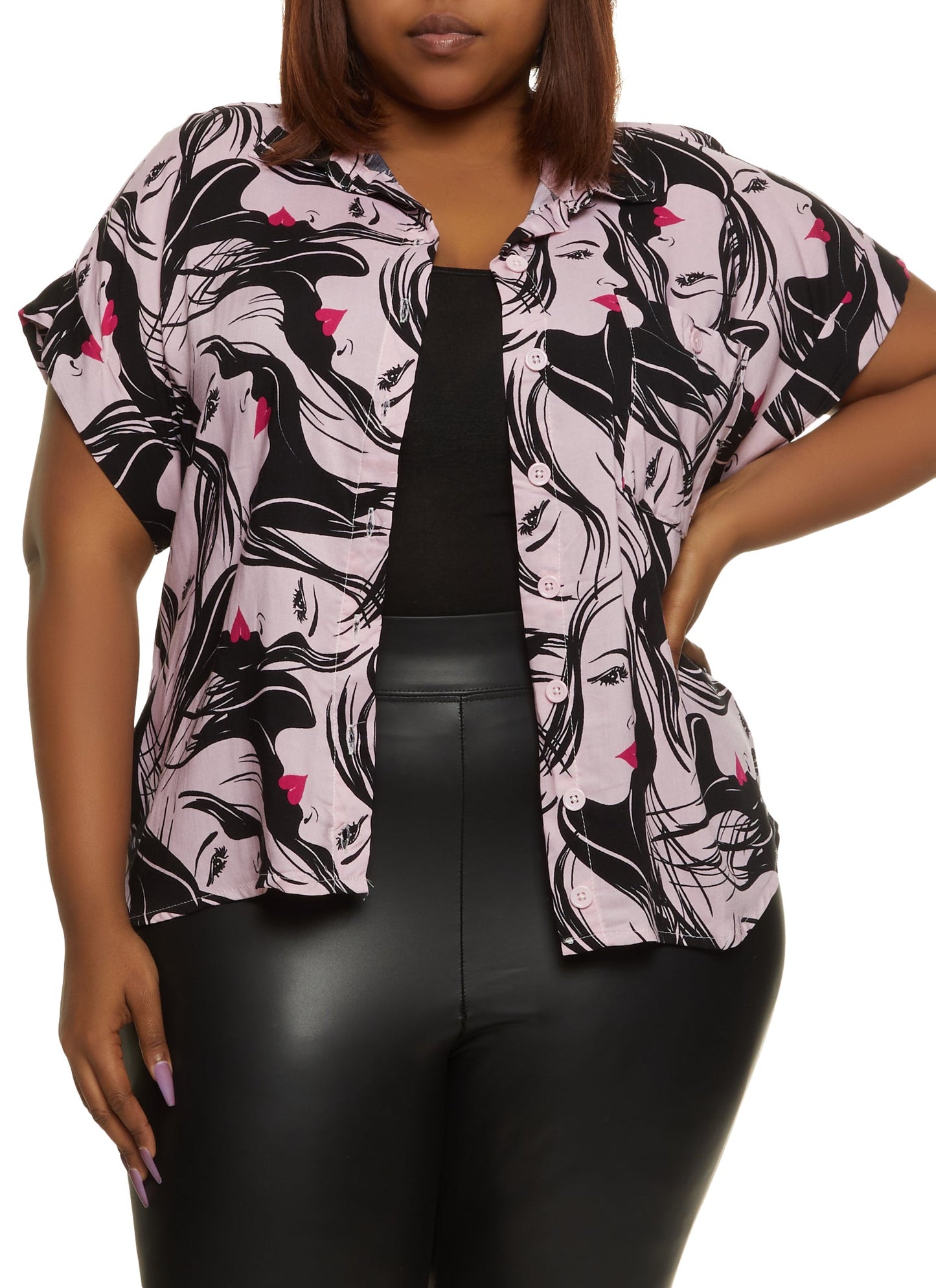 Plus Size Face Print Short Sleeve Shirt