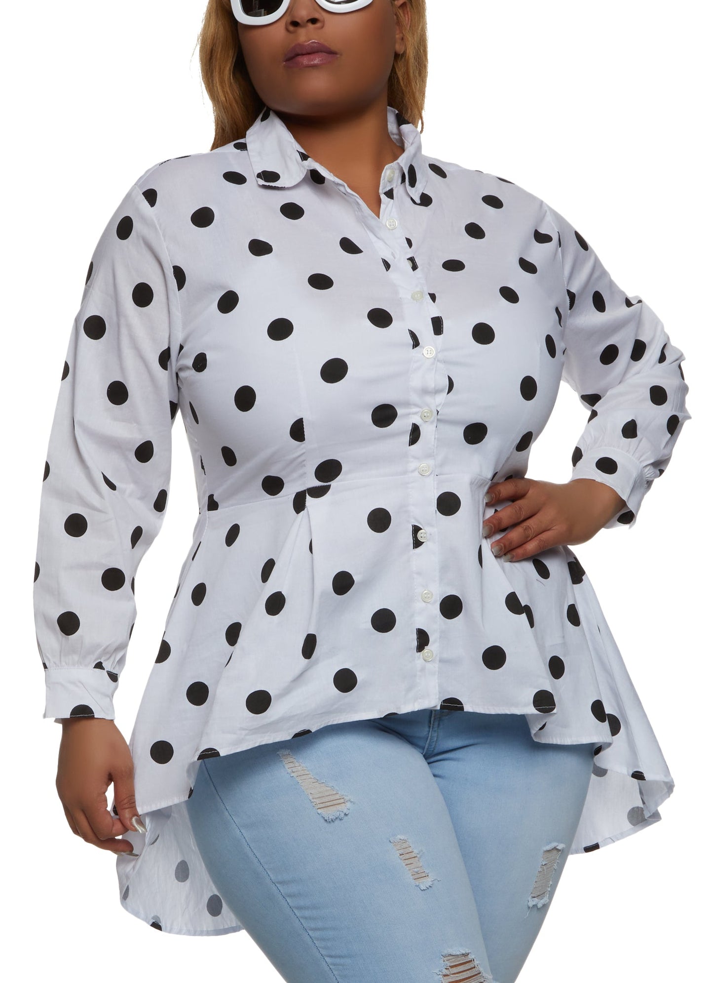 Plus Size Polka Dot Print Button Front High Low Shirt