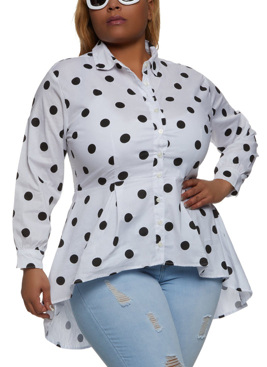 Plus Size Polka Dot Print Button Front High Low Shirt
