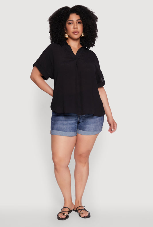 Plus Size Gauze Knit Button Front Short Sleeve Shirt