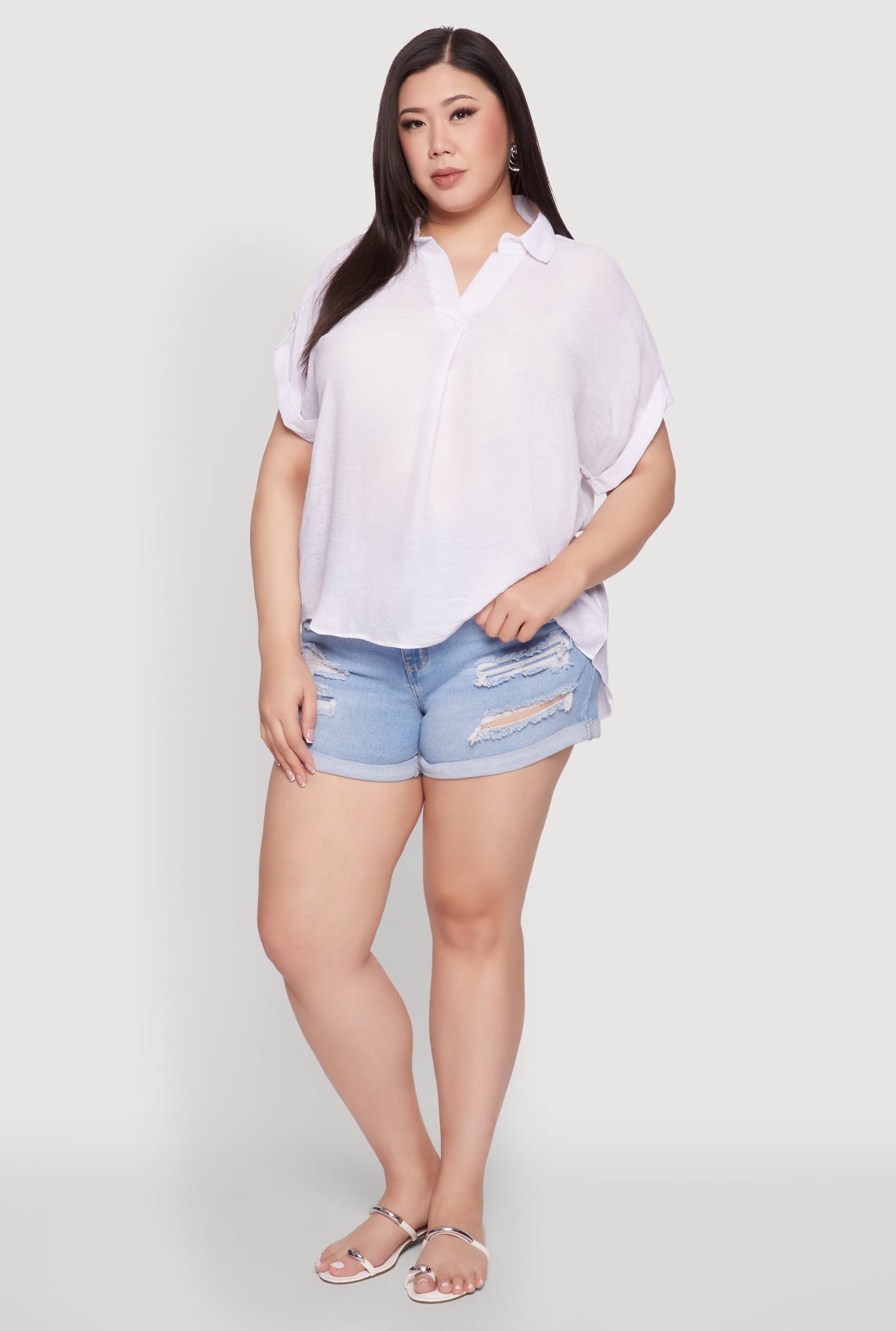 Plus Size Gauze Knit Button Front Short Sleeve Shirt