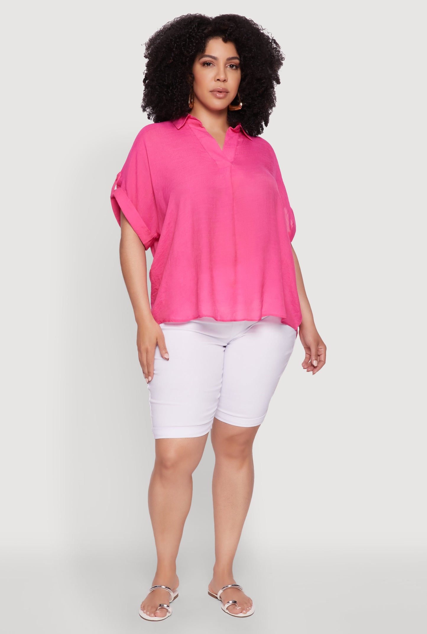Plus Size Gauze Knit Button Front Short Sleeve Shirt
