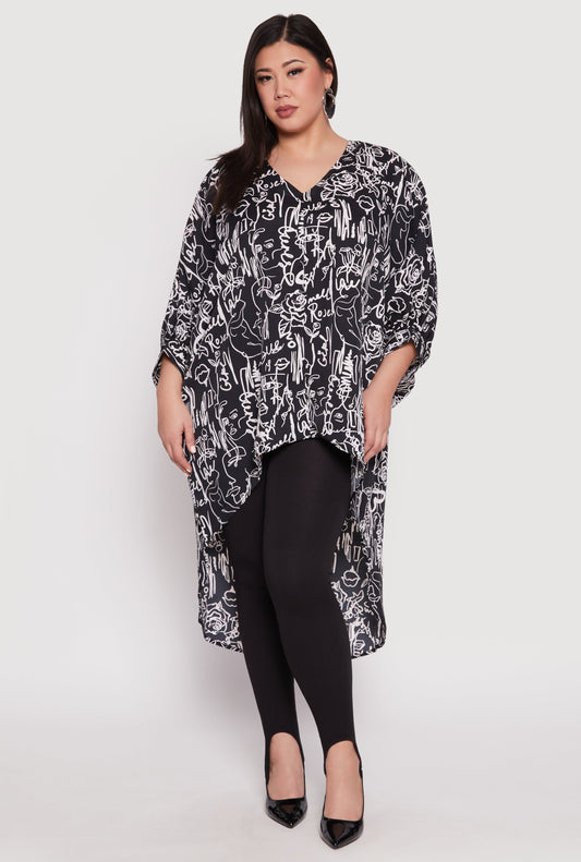 Plus Size Abstract Print High Low Blouse