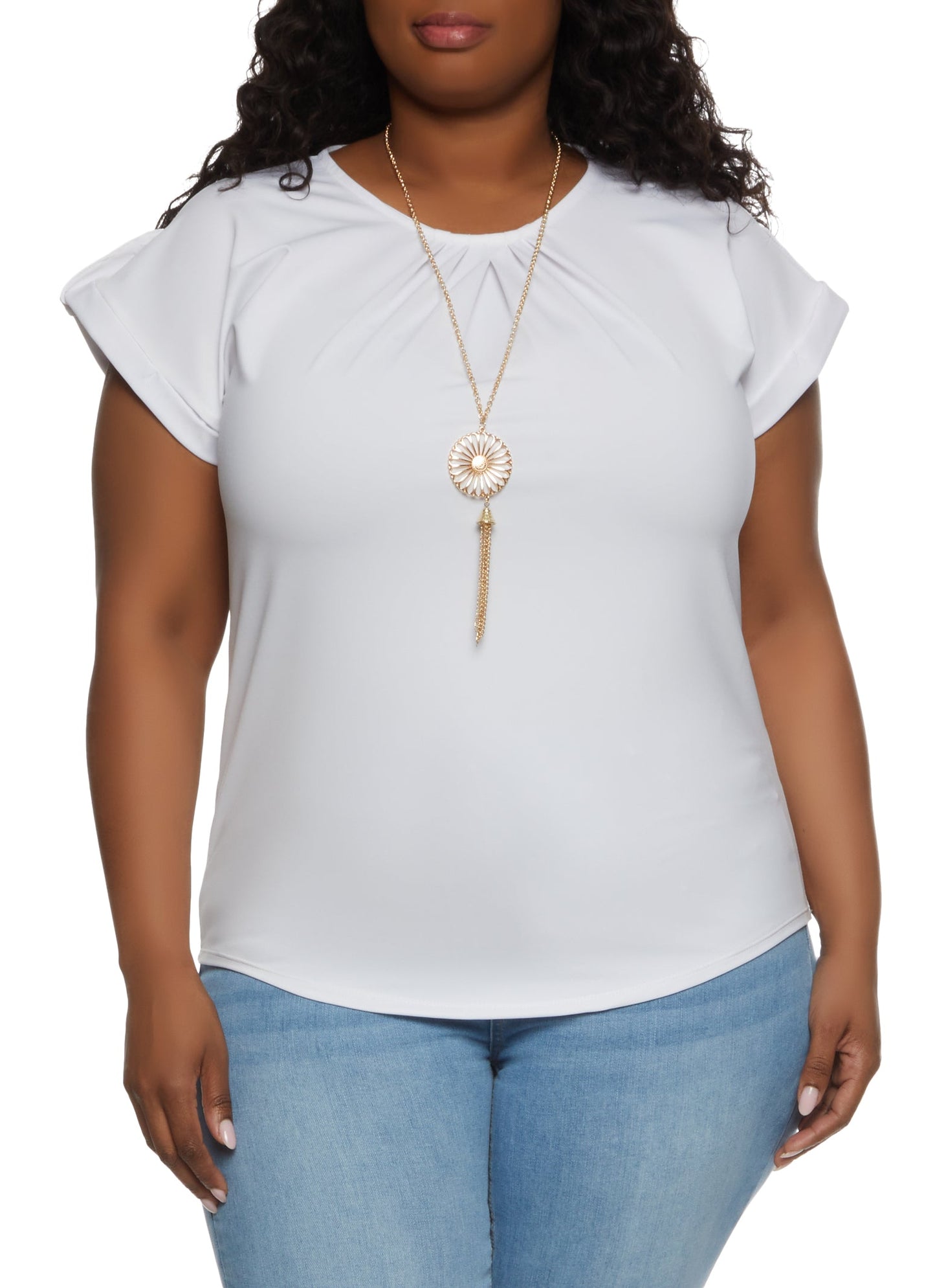 Plus Size Tabbed Short Sleeve Blouse with Necklace