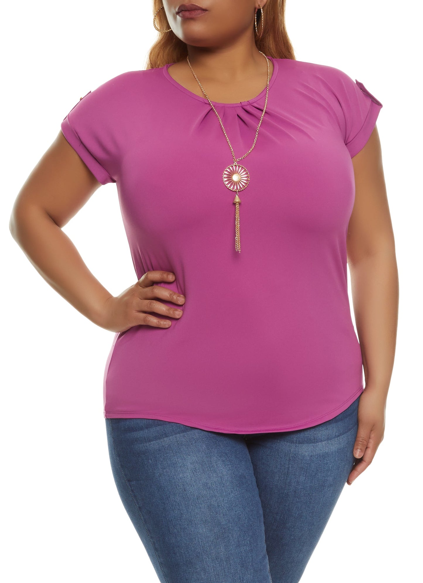 Plus Size Tabbed Short Sleeve Blouse with Necklace