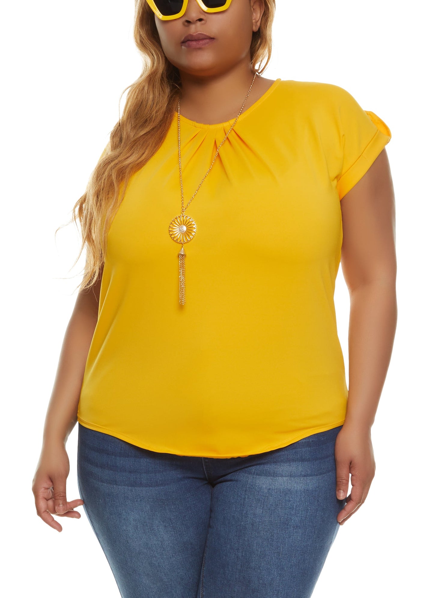 Plus Size Tabbed Short Sleeve Blouse with Necklace