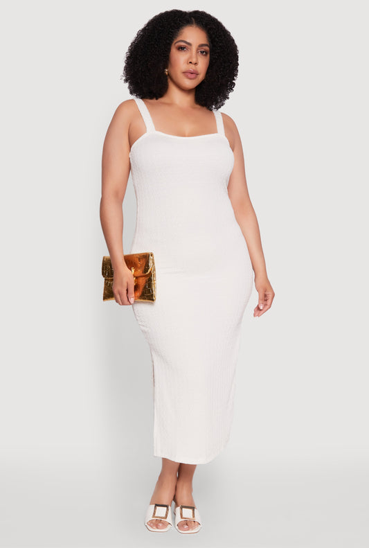 Plus Size Textured Knit Side Slit Midi Dress