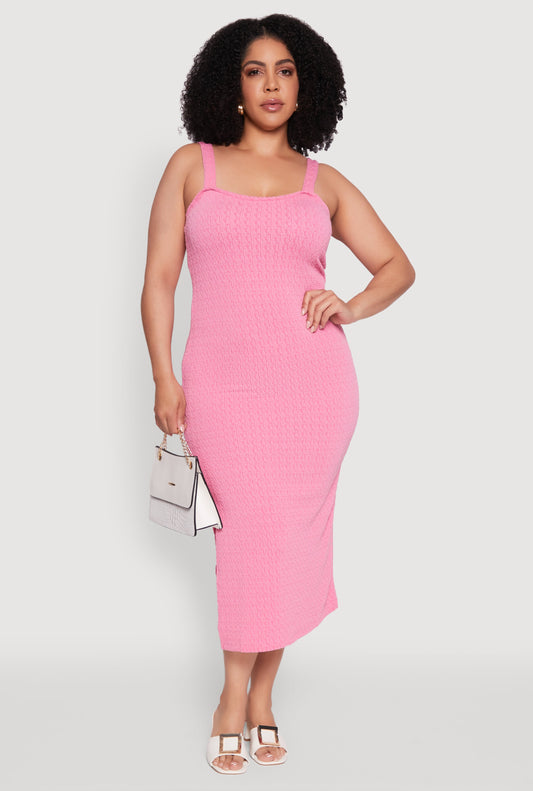 Plus Size Textured Knit Side Slit Midi Dress