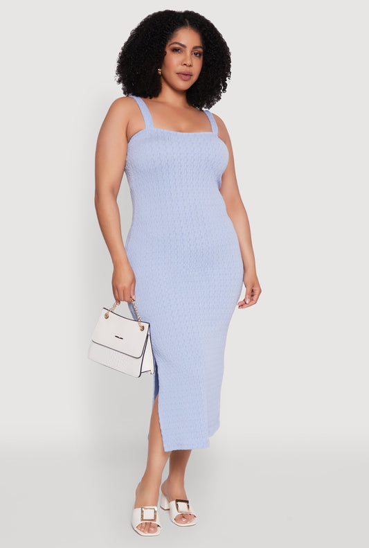 Plus Size Textured Knit Side Slit Midi Dress