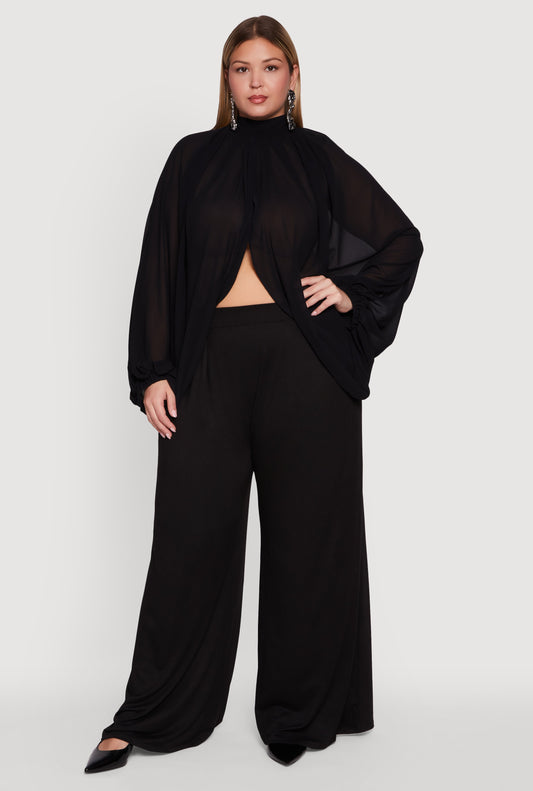 Plus Size Bishop Sleeve Tulip Overlay Top