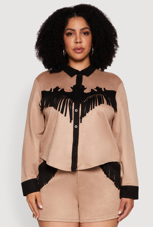 Plus Size Chic Faux Suede Contrast Trim Fringe Hem Shirt