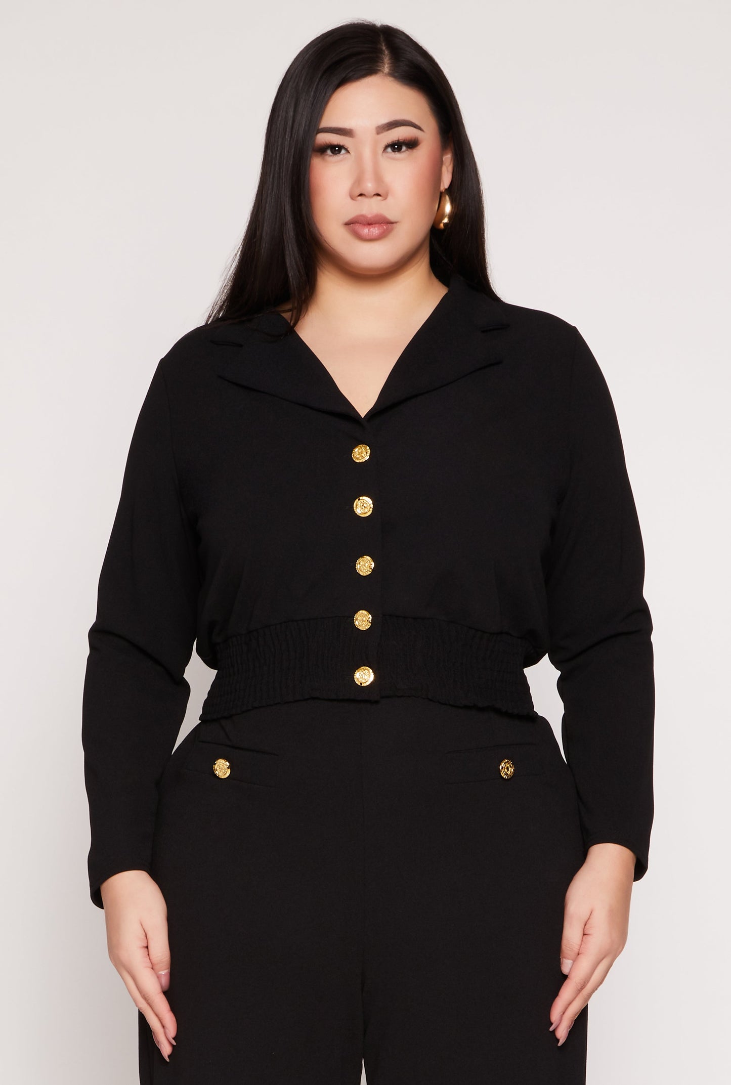 Plus Size Button Front Smocked Blouse