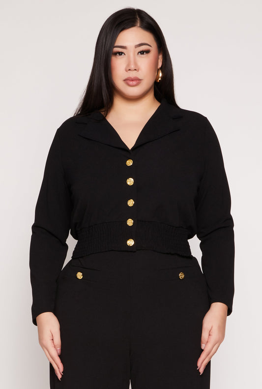 Plus Size Button Front Smocked Blouse