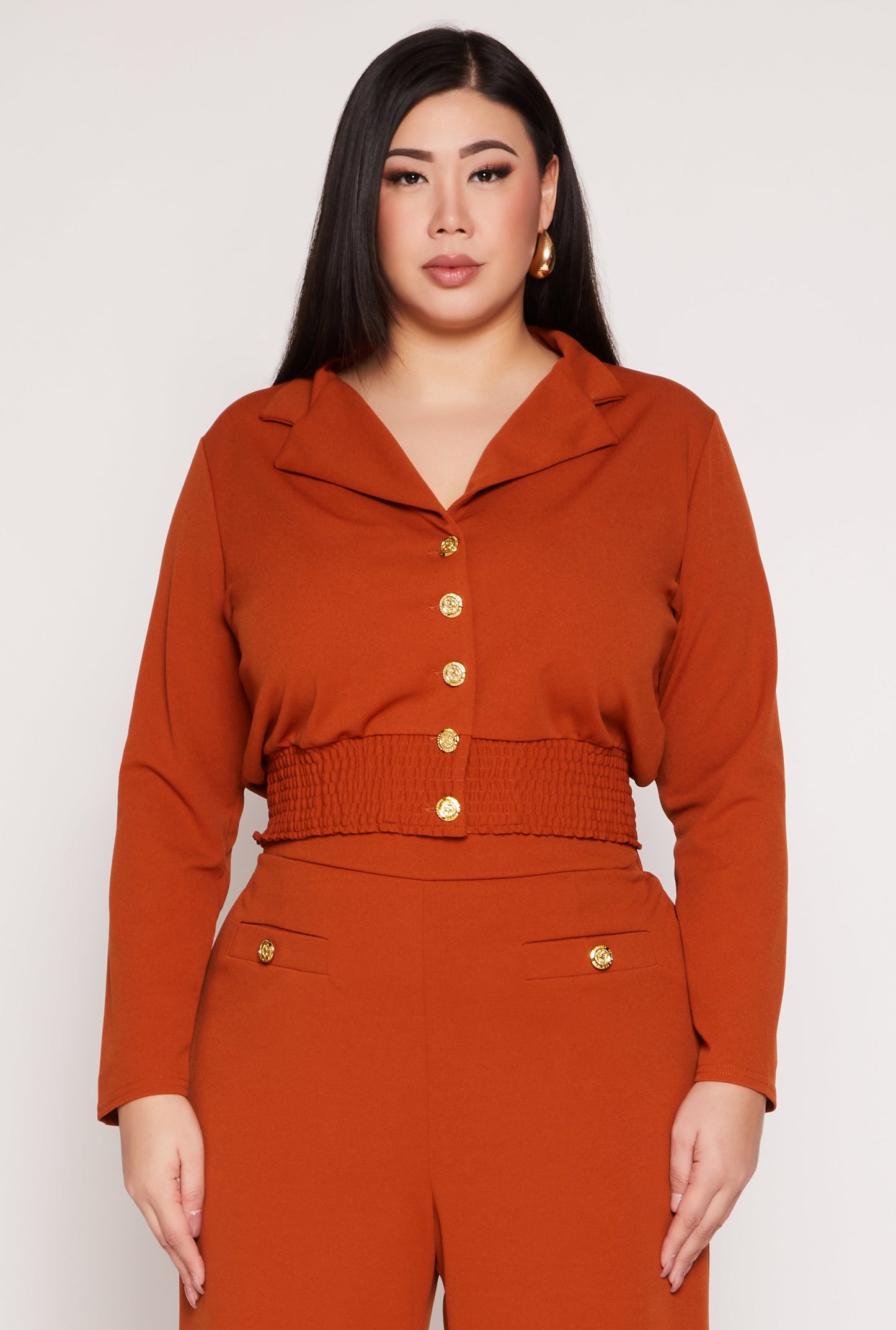 Plus Size Button Front Smocked Blouse