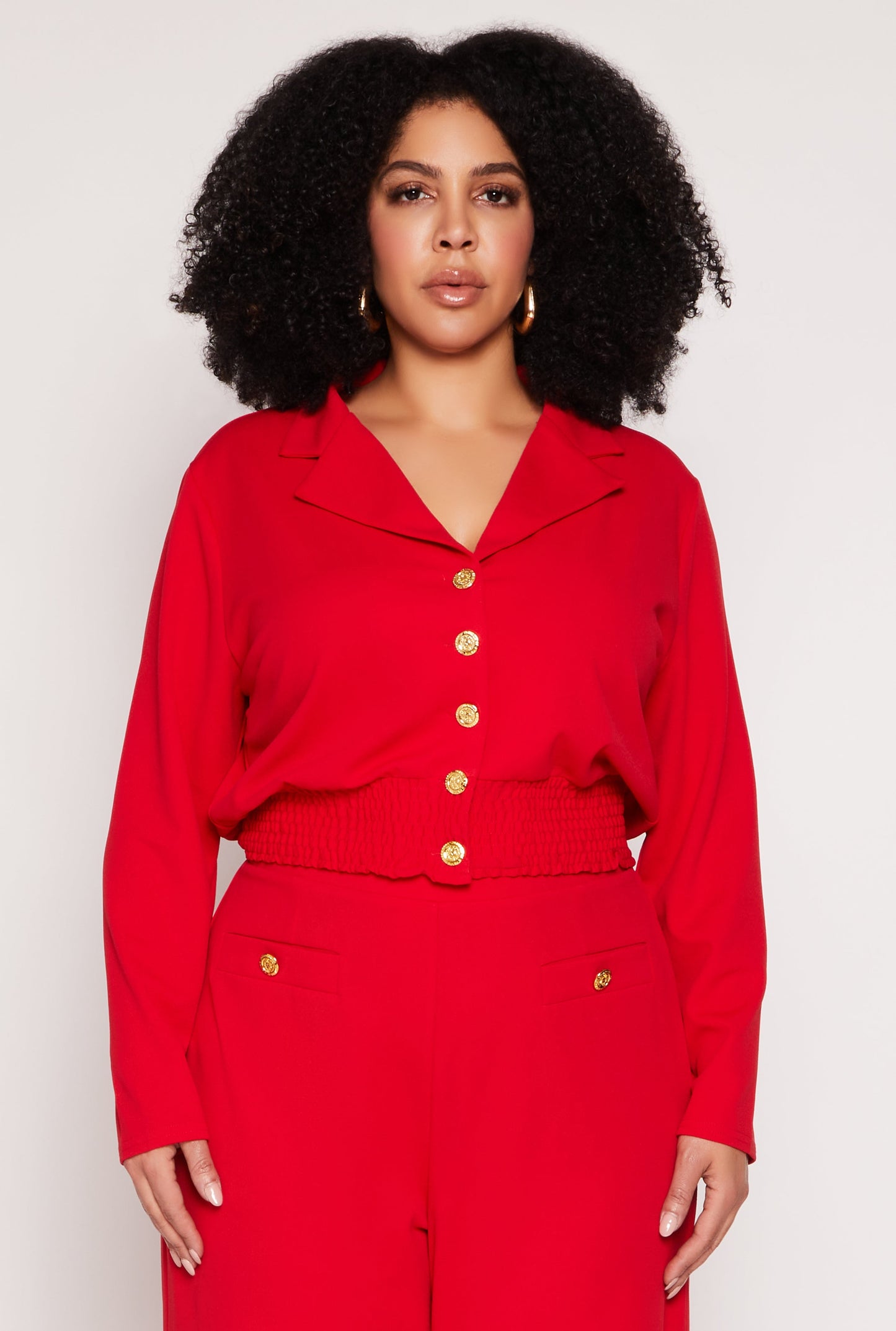 Plus Size Button Front Smocked Blouse