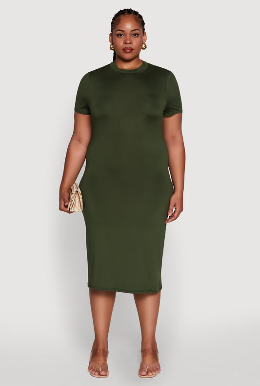 Plus Size Daisy T Shirt Dress with Mock Neck and Short Sleeves