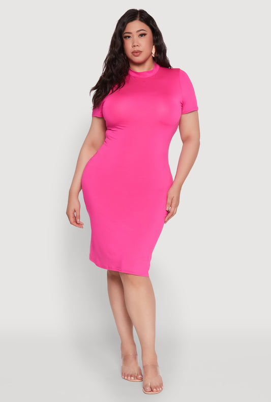 Plus Size Daisy T Shirt Dress with Mock Neck and Short Sleeves