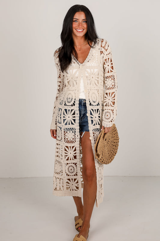 FINAL SALE - California Dreamin' Natural Crochet Longline Kimono
