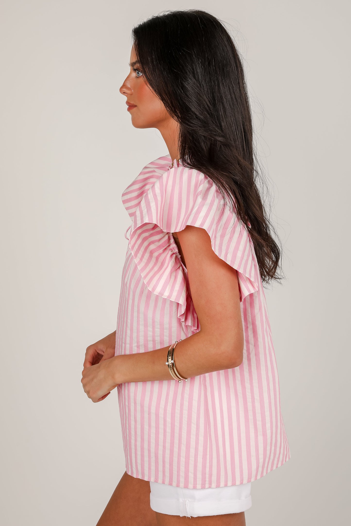 FINAL SALE - Tell It All Pink Striped Ruffle Blouse