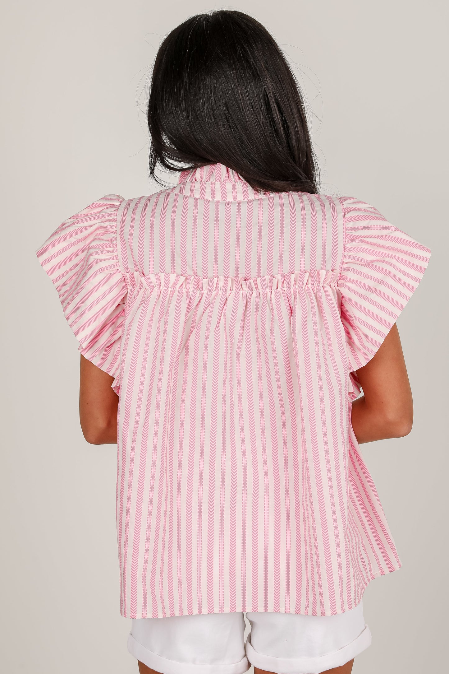 FINAL SALE - Tell It All Pink Striped Ruffle Blouse
