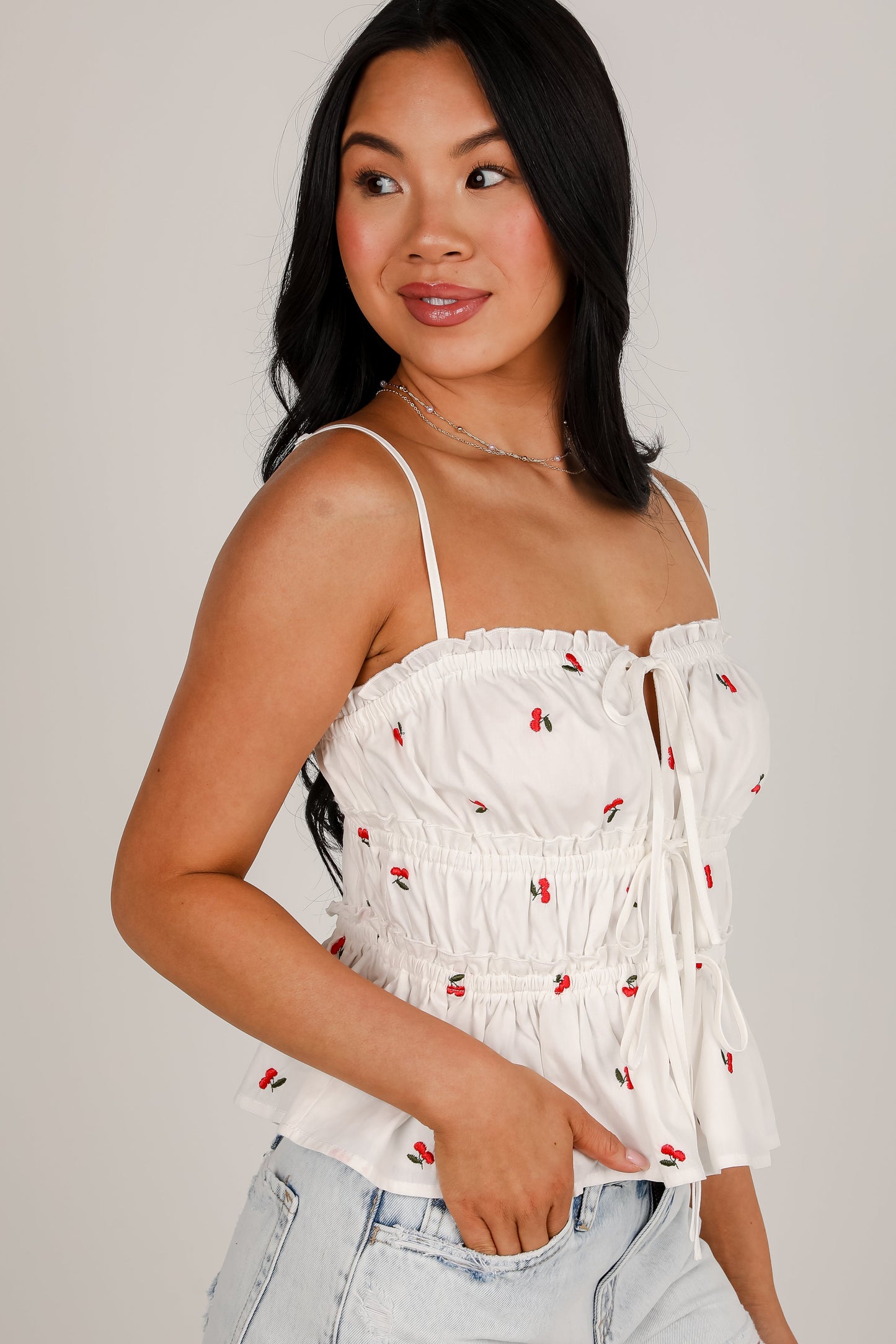 FINAL SALE - Cherry Sweet White Ruffle Tank